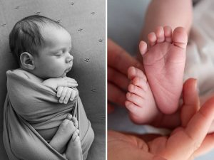 portait de bébé en noir et blanc et zoom sur son petit pied